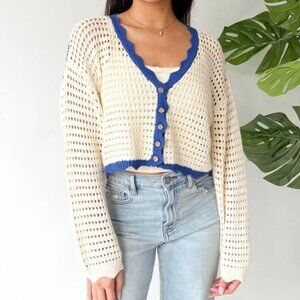 Miou Muse Athena Cropped Crocheted Knit Cardigan, Scalloped Edge - Womens Medium